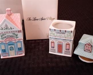 Lenox Spice Village. 17 cottage shaped spice jars, in box. 1989.