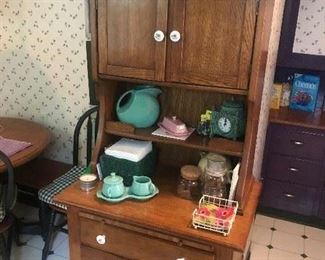 Kitchen Cupboard and Fiesta Pottery.  Cookbooks.