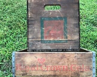 7up box and royal crown drink crate