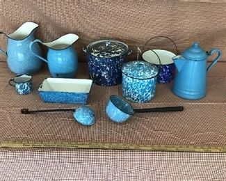 Large selection of hard to find blue swirl enamel ware
