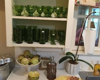Green glassware sets, yellow dishes, copper molds