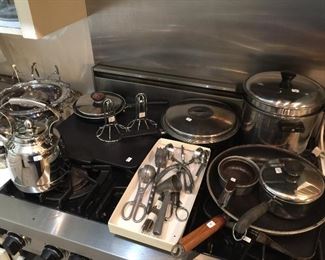 Stainless pans and utensils.