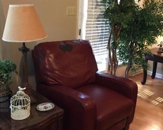 Red leather recliner (as is), side table with glass top