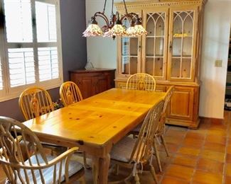 -- Drexel Washed Pine Colonial Plantation Dining Room Table w/6 Chairs - $395 - (36W  80L w/20" leaf   29H)
-- Matching Drexel Lighted Dining Hutch (2 pieces) - $349 - (60W  18D  84H)