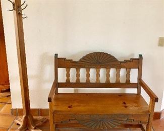 -- Carved Wood Southwest-Inspired Bench w/Arms - $195 - (42L  18W  38H) 
-- Wood Hat/Coat Tree - $35 (64H)