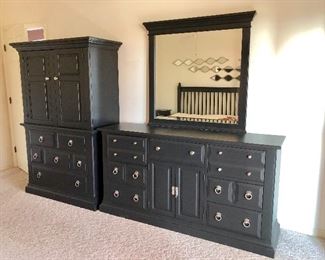 -- Broyhill 5-Piece Black King Bedroom Set - $940 - Buy the set and save $25
Including:
King Head/Foot Board - $225 - (78W  87L  59H)
2 Night Stands - $75 EACH - (28W  17D)
Dresser w/Mirror - $295 - (68W  18D  35H w/o mirror)
Armoire - $295 - (44W  21D  70H)