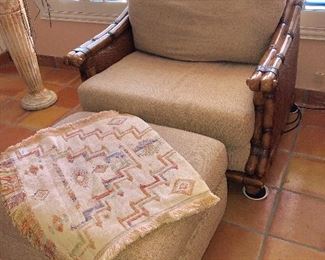 -- Simmons Colonial Plantation Style Wicker and Bamboo Wood Upholstered Chair w/Ottoman -  $120 - (41W  41D)