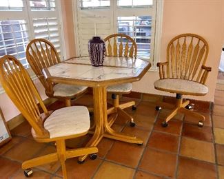 -- Southwest-Inspired Six-Sided Pedestal Tile-Top Dinette w/4 Caster Chairs - $95 - (35W  37L w/o 18" leaf)