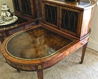 Antique Weiman Heirloom stair step table w/ Burled wood, leather & gold trim. $100 each