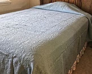 Headboard, mattress, box spring and frame @ $200. Blue Matelassé Coverlet made in Portugal. New. Shown on Queen bed. $50 