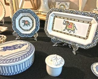 Rare Petal by Wedgwood small trinket box @ $20 .. Tiffany & Co. Gainsborough's The Blue Boy - The Huntington 75th Anniversary 1994 Porcelain Trinket Box @ $40. Blue Elephant by Wedgwood small plate @ $10 and oblong tray @ $20. 
