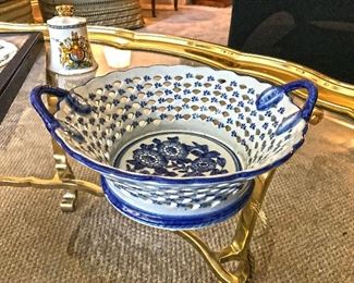 Blue and white bowl with handle. No marking. $20
