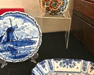 Delft Blue and Polycroom handwerk pottery. Planter $30 and plates $10 each.