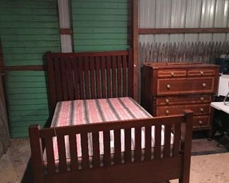 Antique bedroom sets, including cherry Mission bed; birds-eye maple 4-poster bed.