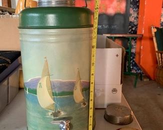 Collection of vintage thermos jugs, including this rare porcelain lined container (with original box).
