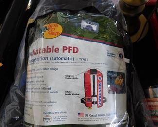 Bass Pro shop Inflatable PFD device, type II. Brand new. Never even out of the packaging. Note the $199 price tag. We have four.