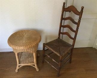 Vintage Ladder Back Chair & Wicker Table (2Pcs) https://ctbids.com/#!/description/share/209426