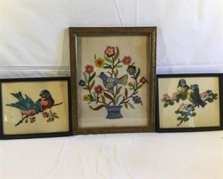 Vintage Needlepoint & Embroidery Bird Art Framed 3 Piece https://ctbids.com/#!/description/share/209461