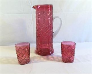 MCM Cranberry Glass Cocktail Pitcher w/ Lowball Glasses 3 Pieces https://ctbids.com/#!/description/share/209664