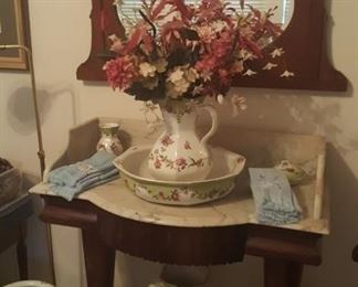 ANTIQUE ENGLISH WASHSTAND & DRESDEN ACCESSORIES....ANTIQUE ENGLISH MIRROR