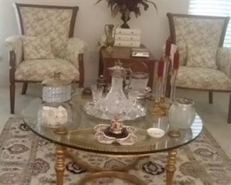 GLASS TOP COFFEE TABLE, ENGLISH CRYSTAL, PAIR of CHAIRS, ONE OF MANY RUGS