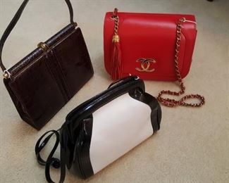 VINTAGE RED CHANEL BAG & VINTAGE LUCILLE DE PARIS ALLIGATOR BAG & BLACK/WHITE PATENT LEATHER FERRAGAMO BAG