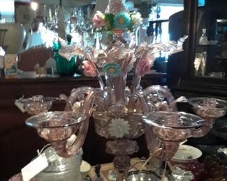 Murano centerpiece with applied glass flowers is unique. Approx 39" high