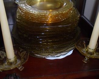 Gold depression glass / plates, platters,bowls glasses