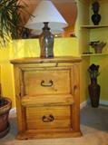 Rustic Pine Nightstand, Ceramic Lamp.