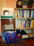 Vinyl (LP's, 78, 45's), Vintage Traditional Nightstand, Books, Bookcase.
