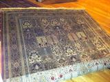 Consigned Area Rug: 5x8 Silk Goum Area Rug, Multi Color Panel Design - Like New, Never Used, luxurious feeling! Appraised by Pande Cameron. (Area Rug partially rolled up in this pic).
