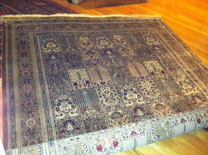 Consigned Area Rug: 5x8 Silk Goum Area Rug, Multi Color Panel Design - Like New, Never Used, luxurious feeling! Appraised by Pande Cameron. (Area Rug partially rolled up in this pic).