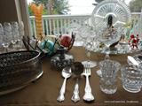 Blown Glass Balls/Ornaments, Bride and Groom Toasting Glasses, Glass Figurines, Glass Serving pieces and Silver Plate.