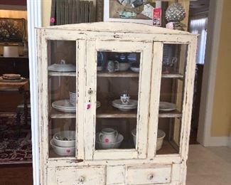 Adorable shabby chic cabinet with glass doors (Filled with ironstone!)