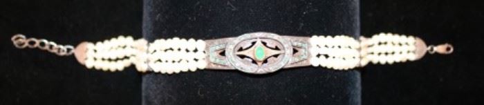 S.S. & 18k Pearl Bracelet w/ Emerald