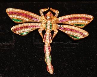 18k Ruby, Diamond & Emerald Dragonfly Brooch