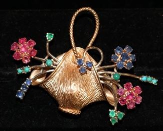 14k Flower Basket Brooch w/ Ruby, Sapphire, Emerald & Turquoise 