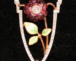 14k Flower Pin w/ Diamonds & Enamel