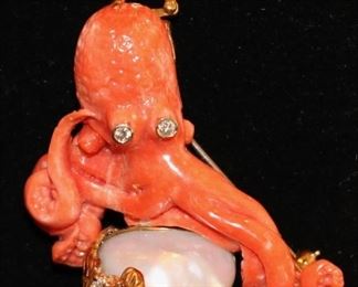 18k Coral Octopus Brooch w/ Diamonds artist signed