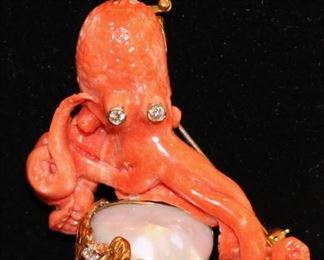 18k Coral Octopus Brooch w/ Diamonds