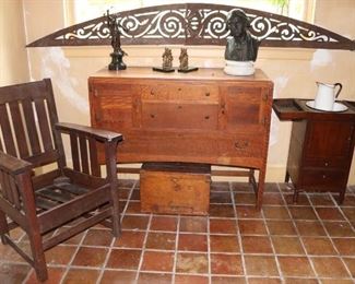 Limbert sideboard and chair, cast iron architecture two piece arch