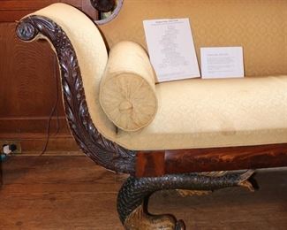 An amazing example of early 19th century New York workmanship.  Hand carved mahogany dolphin motif Empire Sofa c. 1825, formerly belonging to the descendants of American Statesman and Founding Fathers, Lewis & Gouverneur Morris