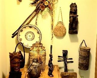 Bamboo trim one drawer end table & wall full of African art