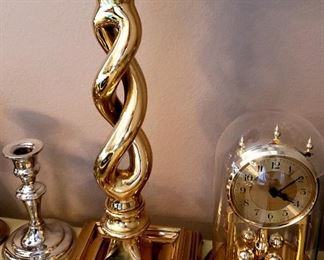 Pair sterling candle holders, large brass candle holder & Anniversary clock