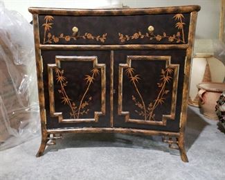 Oriental black lacquer gold trim cabinet & unique base on table lamp