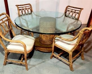 Plate glass bamboo pedestal base table & four bamboo chairs
