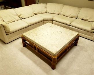 Three piece sectional & bamboo "marble" top coffee table