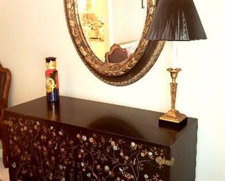 Black lacquer chest, quality mirror, lamp & carved wood container