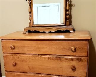 Three drawer maple chest & ornate cheval mirror