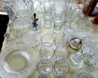 American Fostoria, crystal, stemware, etched plates, glass milk jugs & pressed glass